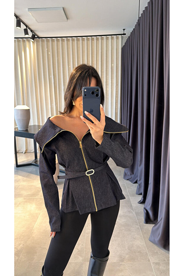 Women's Denim Belted Zippered Design Denim Shirt 7729