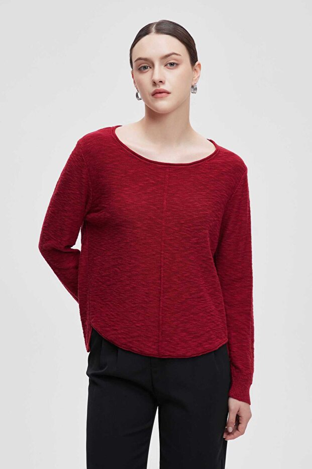 بلوزة طويلة سادة بياقة بيضاوية - 8