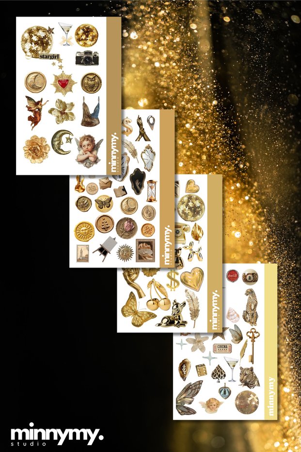 4-Piece Golden Vintage Retro Sticker, Decal, Agenda, Diary, Planner, Bullet Journal, Scrapbook