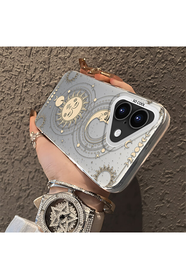 iPhone 16 Compatible Silicone Edge Hard Back Anti-Fall Case Moon Pattern - 3