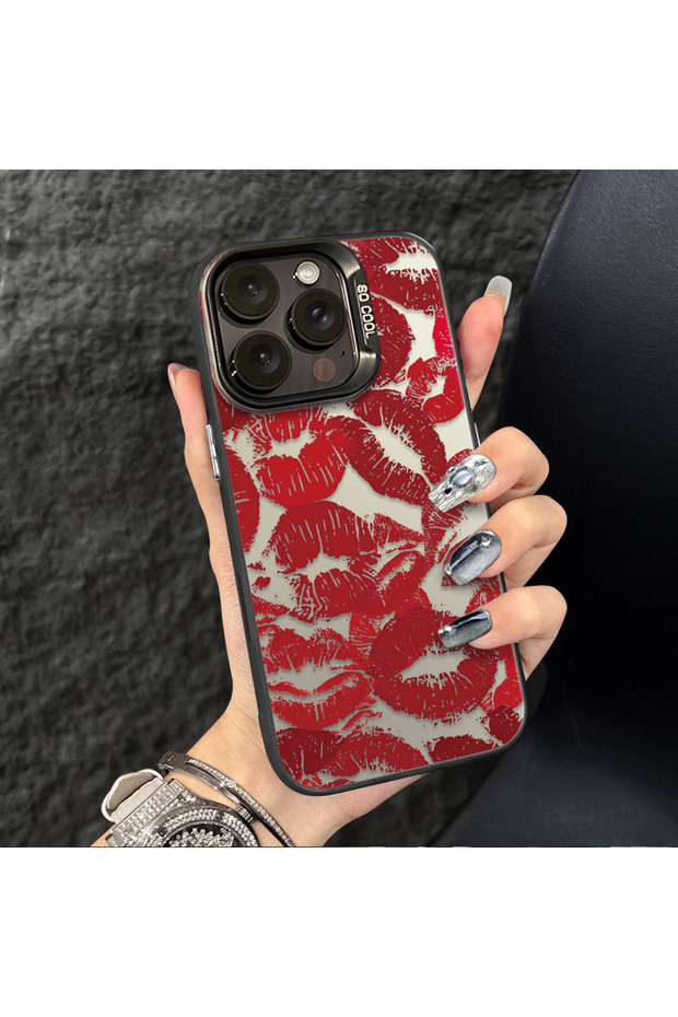 غطاء سيليكون متوافق مع آيفون 16 برو بحافة صلبة ومضاد للسقوط مع نمط الشفاه - 7