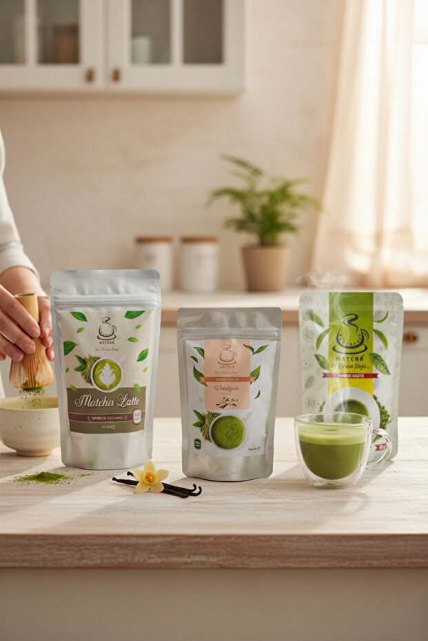 Vanilla Flavored Matcha Latte Powder 200 Gr & Vanilla Flavored Matcha 50 Gr & Pure Matcha 50 Gr