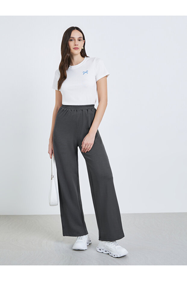 Women Charcoal Ribbed Wide Leg Pants