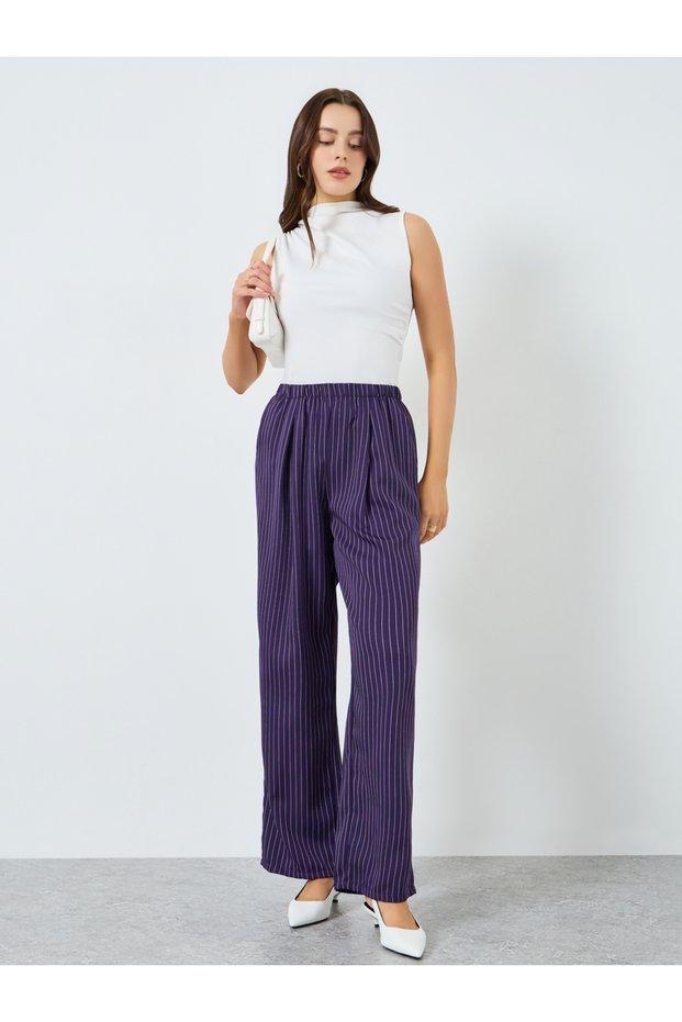 Women Purple Striped Elastic Waist Wide Leg Pants