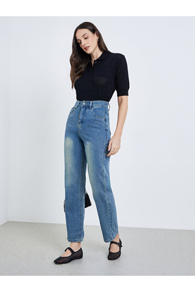 Women Wide Leg Faded Jeans