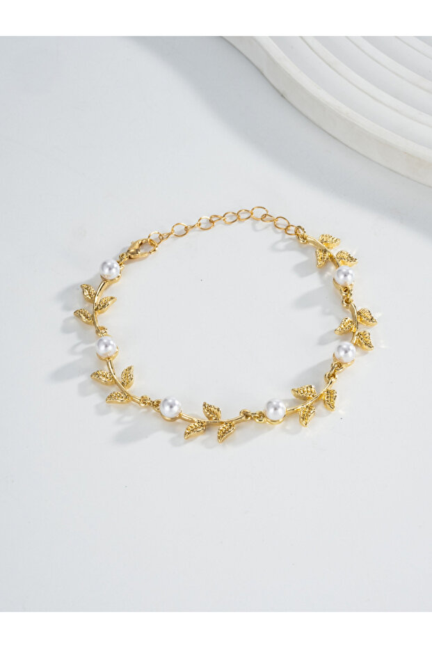 Women Gold Leaf Faux Pearl Dangle Necklace