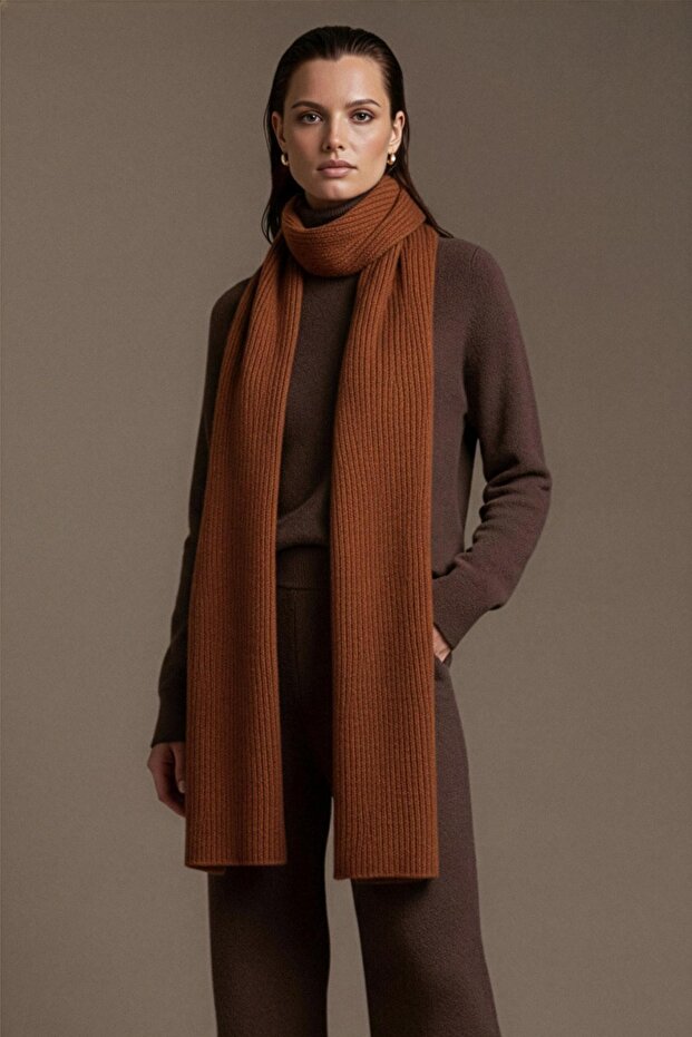 Brown 100% Lamb Wool Soft Textured Women's Knitwear Scarf