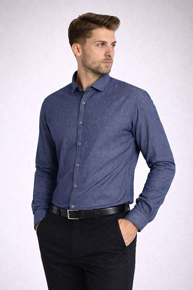 Slim Fit Long Sleeve Gabardine Washed Denim Collar Buttoned Bottom Men's Shirt