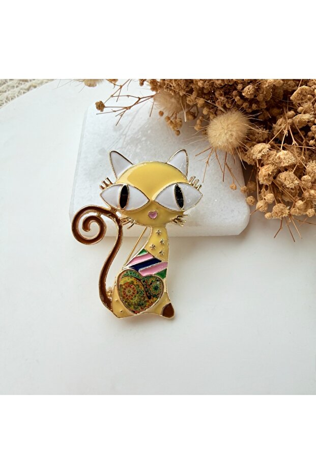 Sarı Patchwork Kedi Broş - 1
