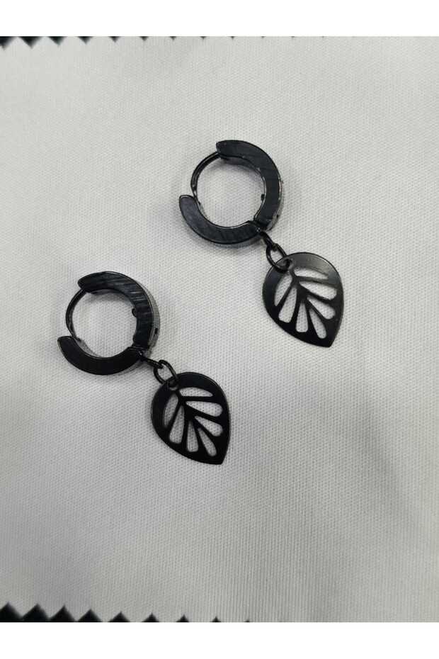 Steel Hoop Earrings Black Color Leaf Model Jewelry Accessory