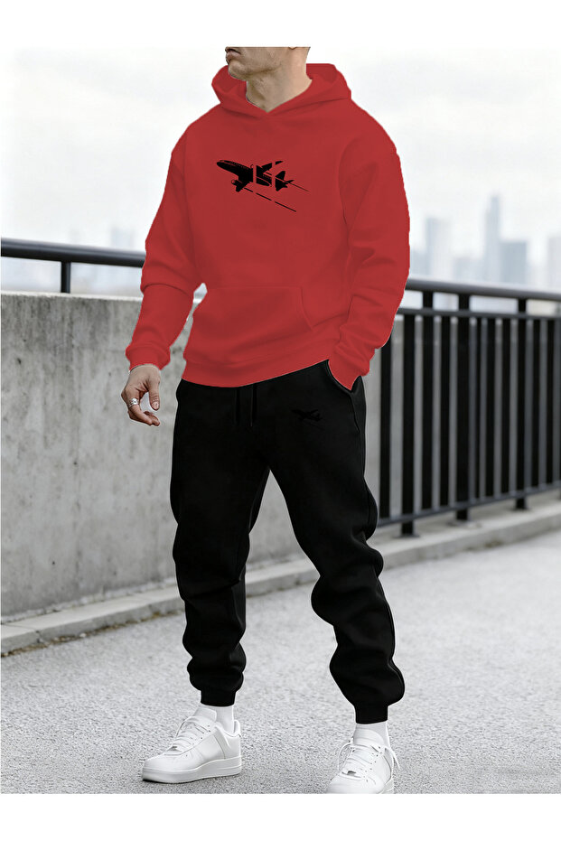 Men's Airplane Printed Comfortable Fit Hooded Pocket Top Jogger Elastic Cuff Bottom Tracksuit Set