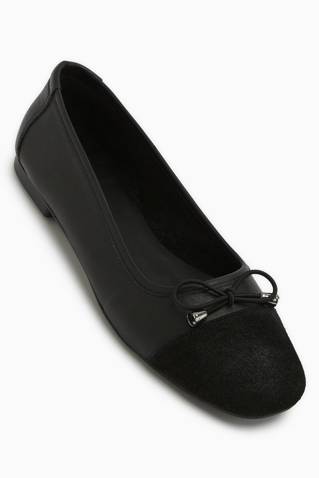 Anjela Genuine Leather Black Bow Detailed Women's Ballerina Shoes