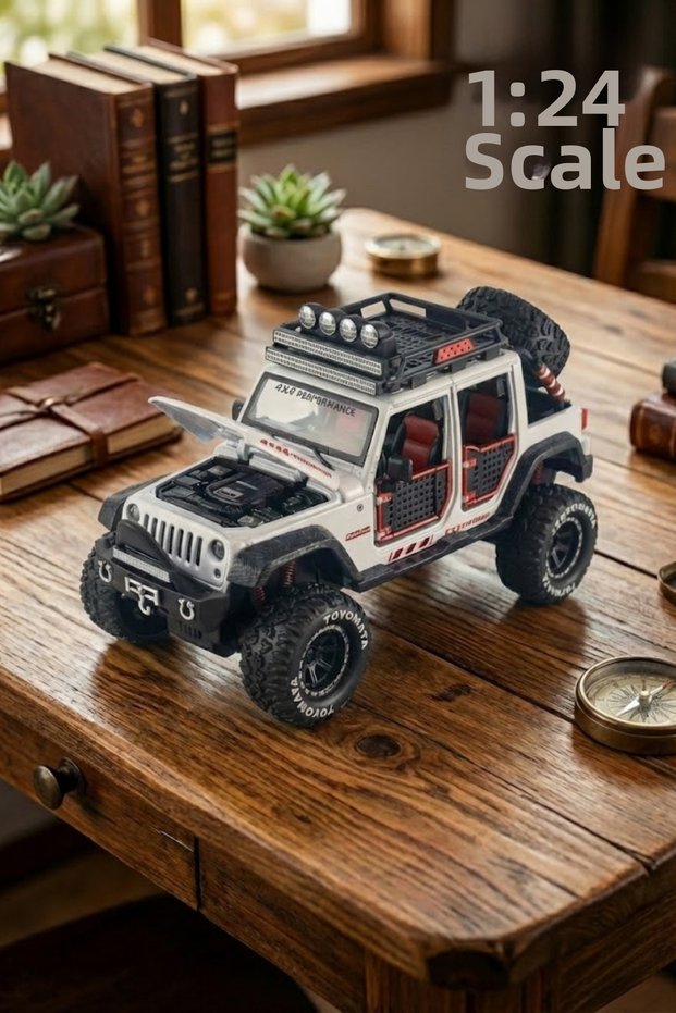1:24 Scale Metal Off-Road Jeep White - Pull and Drop Toy Vehicle with Sound and Light, Doors Open