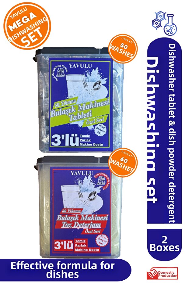 Mega Boy Dishwashing Set Powder and Dishwasher Tablets 60 Tablets 1.6kg Powder Dishwashing Detergent