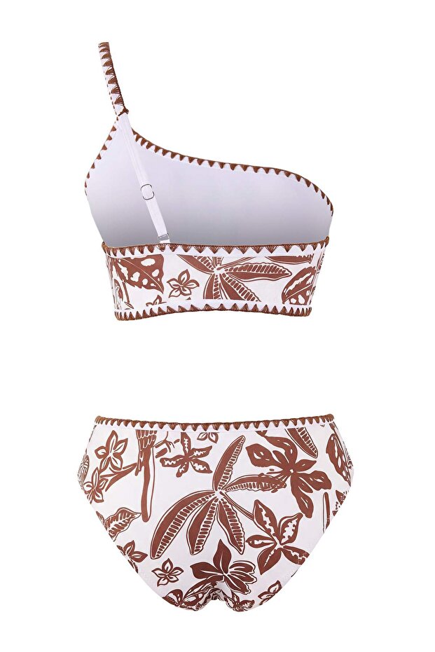 Kahverengi Tropikal Desenli Nakışlı Tek Omuz Kaplı Yüksek Bel Regular Bikini Takımı TBESS26BT00010 - 6