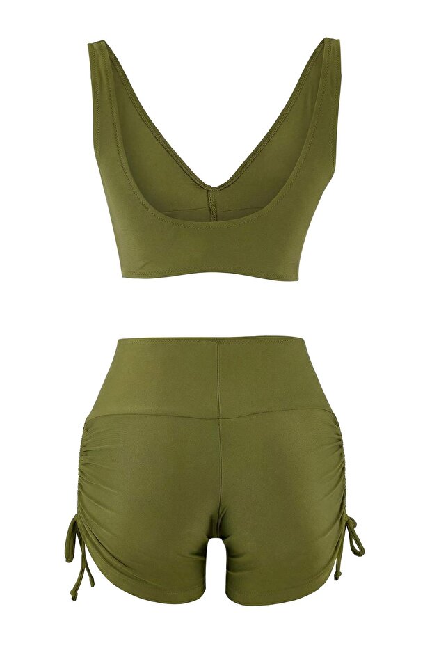 Haki Tünelli Bralette Kaplı Bağlama Detaylı Şort Bikini Takımı TBESS26BT00007 - 6