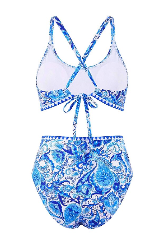 Etnik Desenli Üçgen Nakış Detaylı Kaplı Yüksek Bel Regular Bikini Takımı TBESS26BT00021 - 6