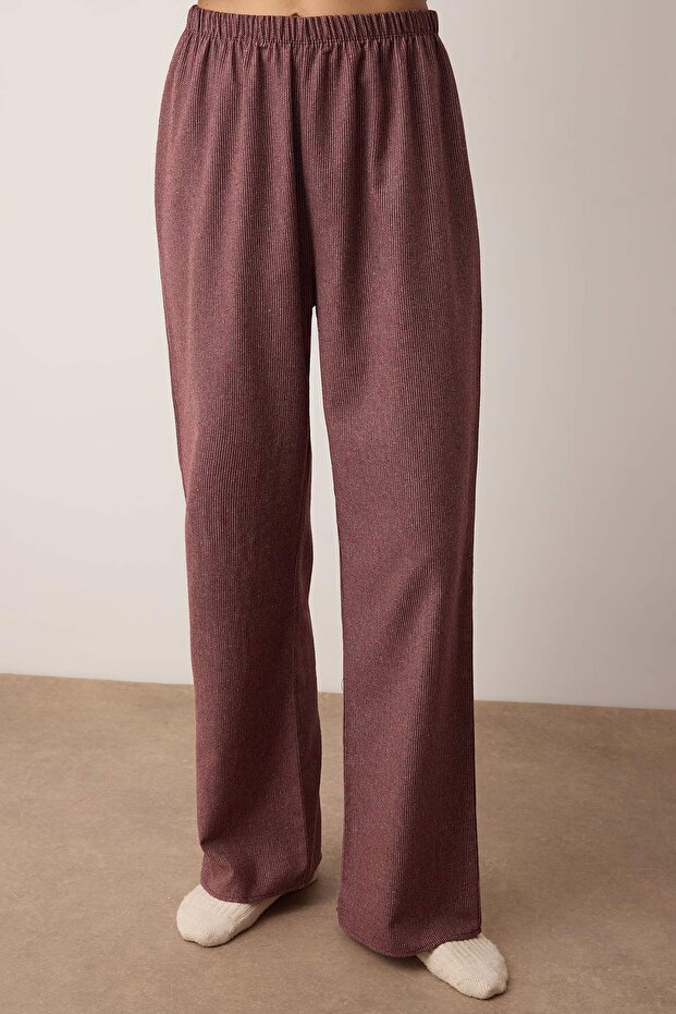 Bordo Pamuklu Kalın/Kışlık Çizgili Flanel Dokuma Pijama Takımı THMAW26PT00196 - 3