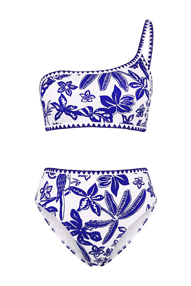 Mavi Tropikal Desenli Nakışlı Tek Omuz Kaplı Yüksek Bel Regular Bikini Takımı TBESS26BT00010 - 5