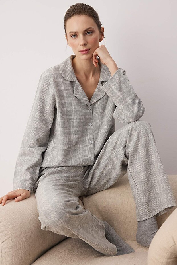 Gri Pamuklu Kalın/Kışlık Ekoseli Flanel Dokuma Pijama Takımı THMAW26PT00196 - 1