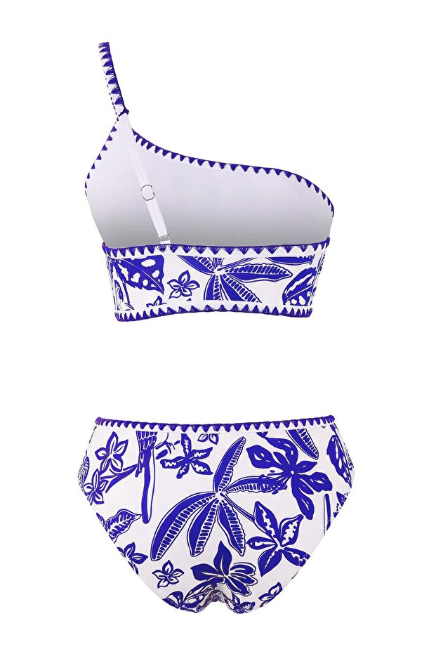 Mavi Tropikal Desenli Nakışlı Tek Omuz Kaplı Yüksek Bel Regular Bikini Takımı TBESS26BT00010 - 6