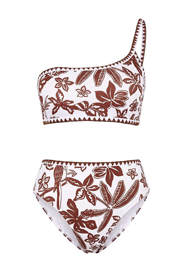 Kahverengi Tropikal Desenli Nakışlı Tek Omuz Kaplı Yüksek Bel Regular Bikini Takımı TBESS26BT00010 - 5