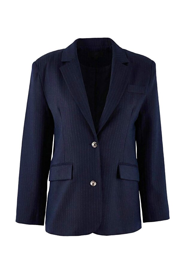 Lacivert Gümüş Düğmeli Fitted/Vücuda Oturan Dokuma Astarlı Vatkalı Blazer Ceket TWOSS26BC00015 - 5