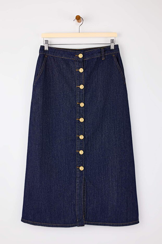 Koyu Mavi DÖKÜMLÜ Düğme Detaylı Midi %100 Pamuk Denim Etek TWOSS26ET00004 - 5