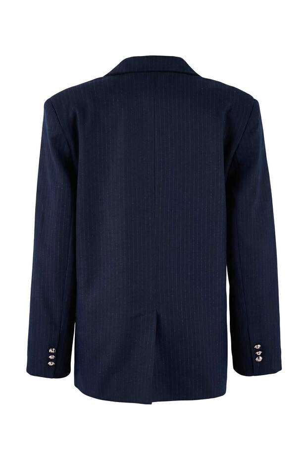 Lacivert Gümüş Düğmeli Fitted/Vücuda Oturan Dokuma Astarlı Vatkalı Blazer Ceket TWOSS26BC00015 - 6