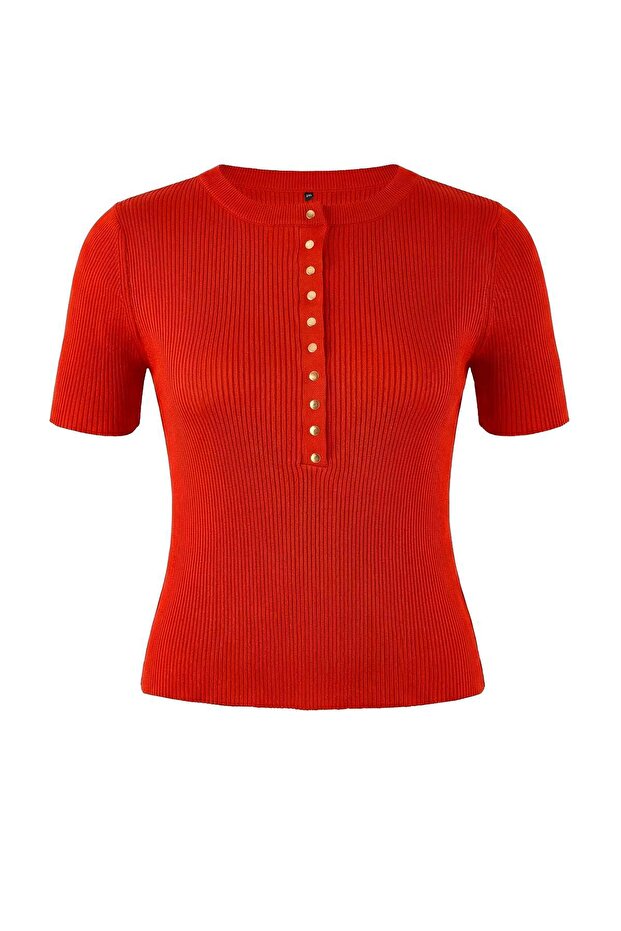 Limited Edition Kırmızı Çıtçıt Detaylı Fitilli Yazlık Triko Bluz TBBSS26AF00018 - 4