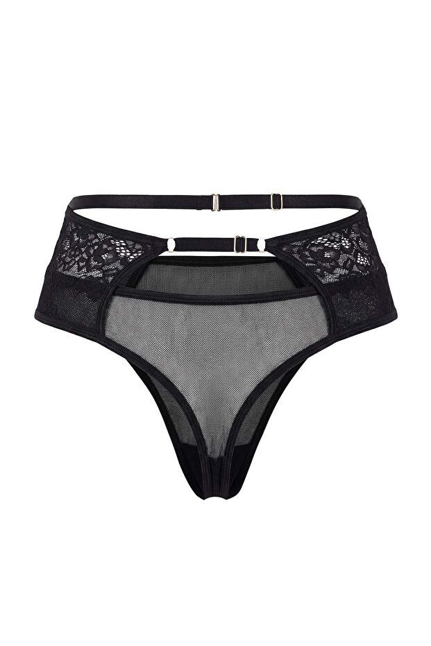Siyah Çapraz Bel Detaylı Cut Out Dantel/Tül Tanga Külot THMSS26KU00002 - 6