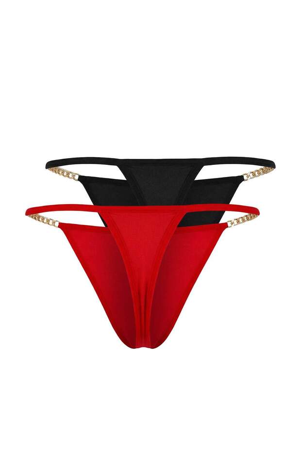 Siyah-Kırmızı 2'li Micro Zincir Detaylı String Külot THMSS26KU00008 - 9