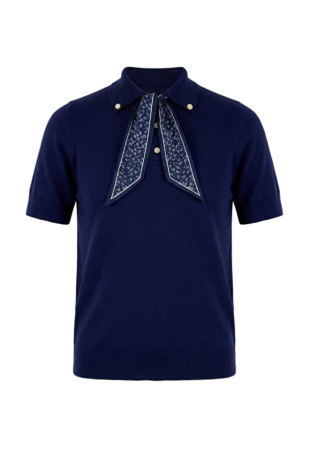 Lacivert Çıkarılabilir Fularlı Polo Yaka Premium/Özel İplik Triko Bluz TBBSS26AF00030 - 5