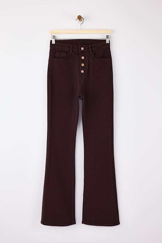 Kahverengi Düğme Detaylı Yüksek Bel Orta Esnek Flare İspanyol Paça Jeans TWOSS26JE00038 - 5