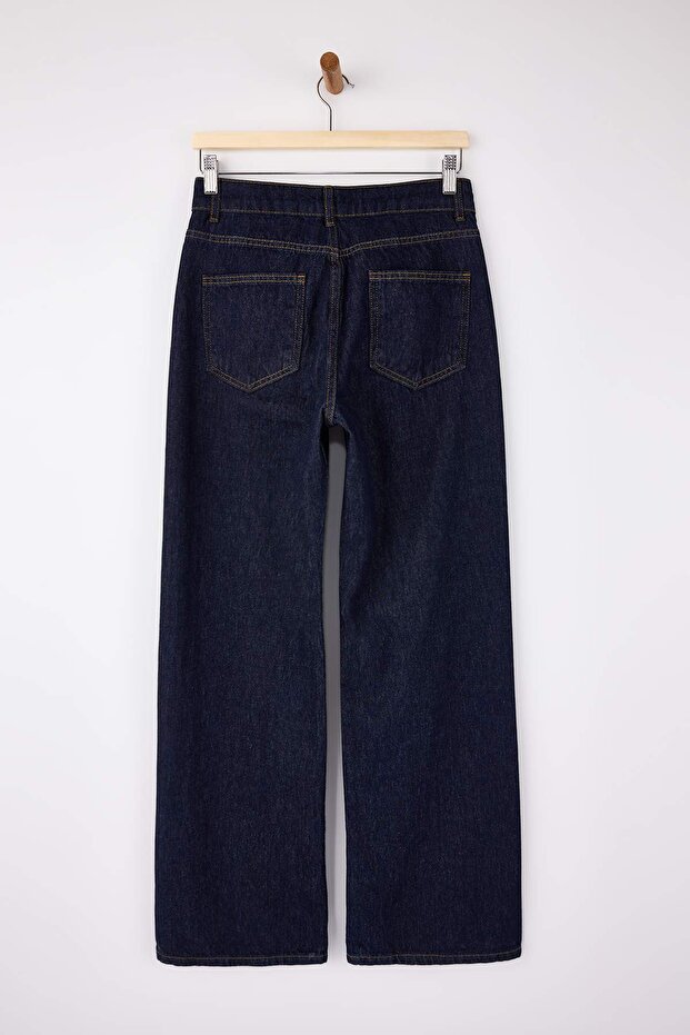 Limited Edition Koyu Mavi DÖKÜMLÜ Cep Detaylı Yüksek Bel %100 Pamuk Wide Leg Jeans TWOSS26JE00028 - 11