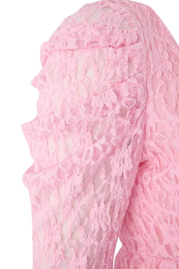 Pembe Kalp Yaka Dantel Örme Büyük Beden Bluz TBBSS26AF00024 - 7