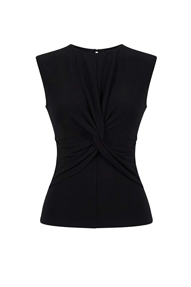 Siyah Düz Fitted Bisiklet Yaka Kolsuz Esnek Örme Bluz TWOSS26BZ00005 - 5