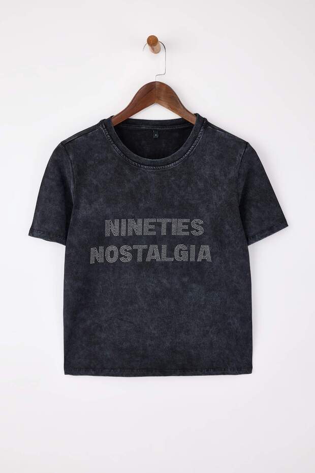 Teen Antrasit Slogan Regular Kalıp Eskitme/Soluk Efektli Tok %100 Pamuk Örme T-Shirt TWOSS26TS00015 - 9