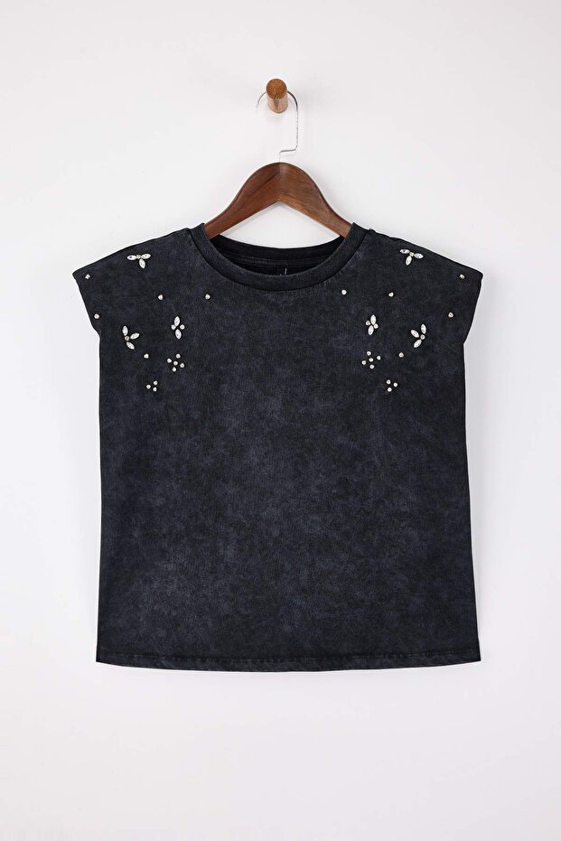 Antrasit Relaxed/Rahat Kalıp Düşük Kol Kolsuz Vatkalı Tok %100 Pamuk Örme T-Shirt TWOSS26TS00008 - 5