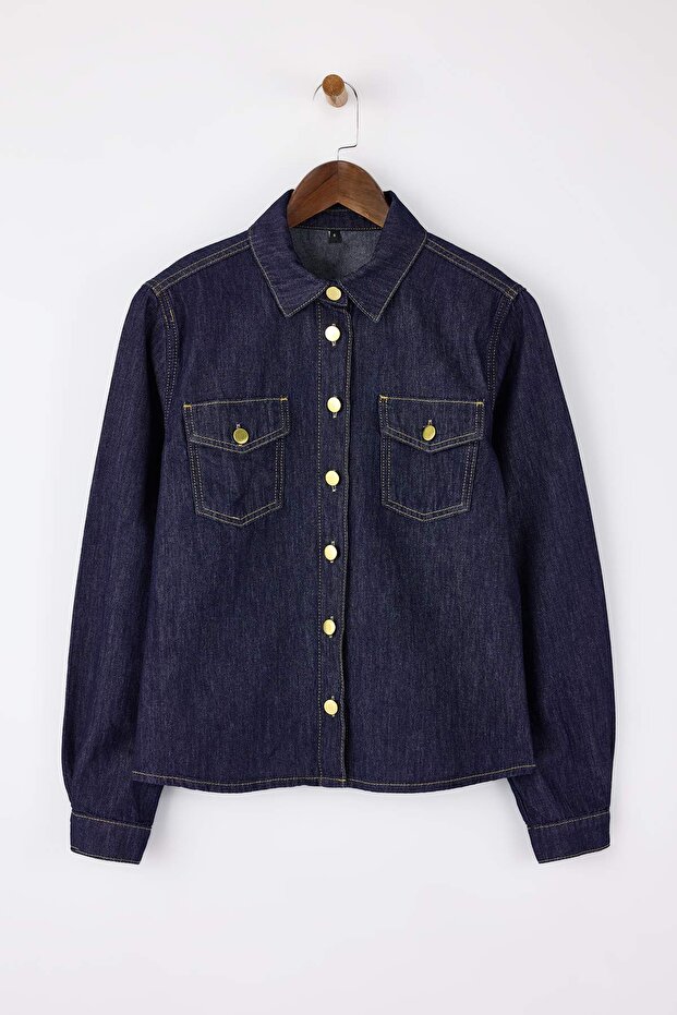 Koyu Mavi Düğme Detaylı Basic 100% Pamuk Denim Gömlek TWOSS26GO00004 - 5