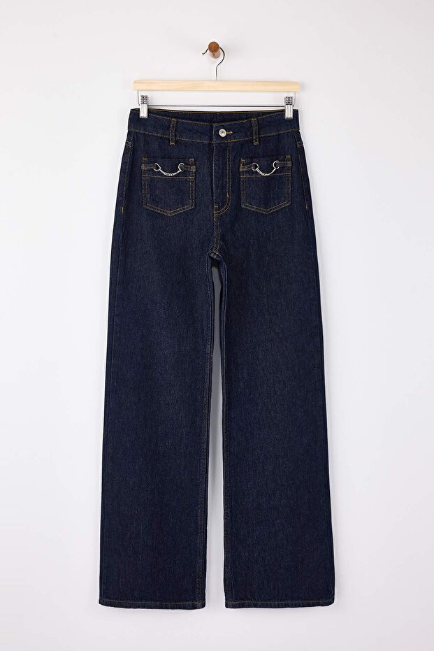 Limited Edition Koyu Mavi DÖKÜMLÜ Cep Detaylı Yüksek Bel %100 Pamuk Wide Leg Jeans TWOSS26JE00028 - 10