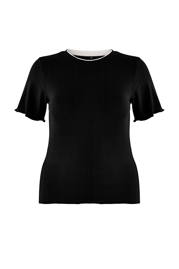 Wardrobe Essentials Siyah Yakası Biye Detaylı Yumuşak Tuşeli Örme Büyük Beden Bluz TBBSS26AF00025 - 6