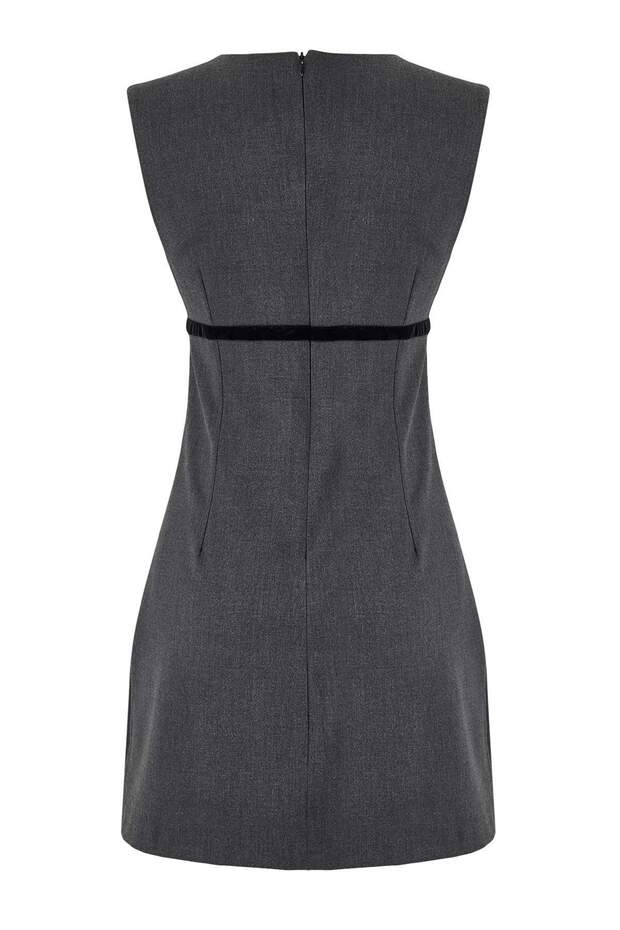 Gri Fiyonklu Mini Poliviskon Dokuma Elbise TWOSS26EL00075 - 6