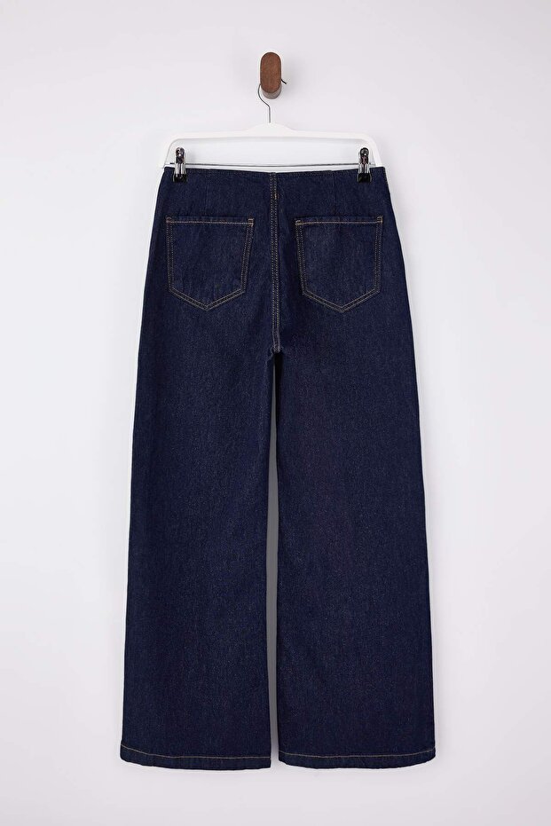 Koyu Mavi DÖKÜMLÜ Kemer Detaylı Normal Bel %100 Pamuk Wide Leg Jeans TWOSS26JE00020 - 6