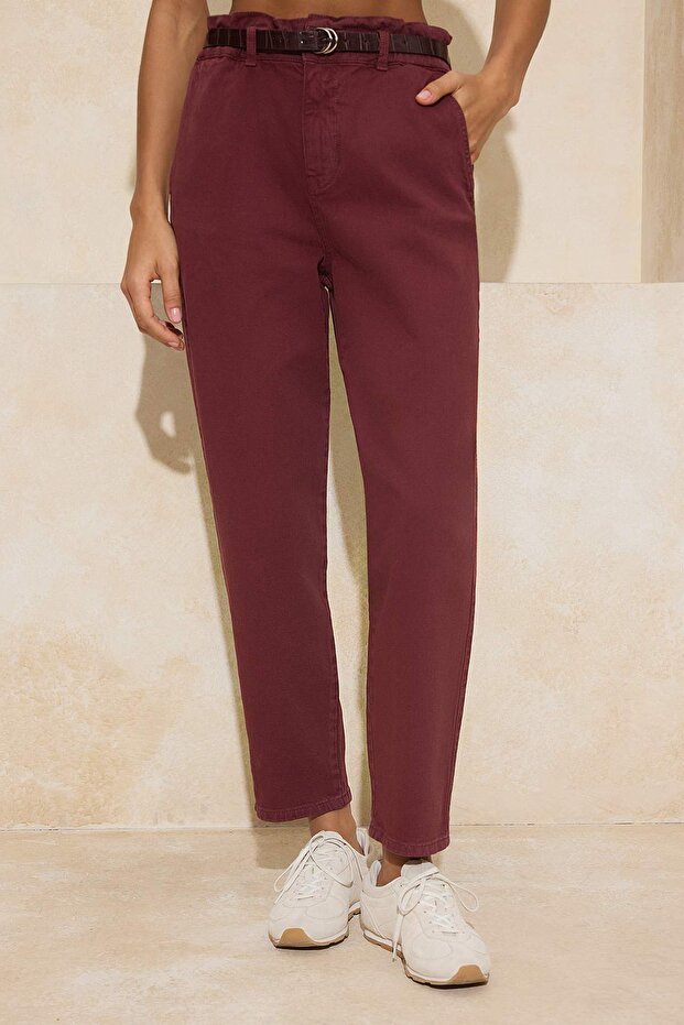 Bordo Kemerli Yüksek Bel Barrel Jeans TWOAW26JE00300 - 3