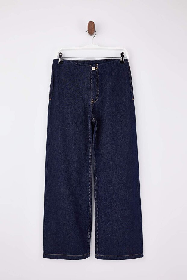 Koyu Mavi DÖKÜMLÜ Kemer Detaylı Normal Bel %100 Pamuk Wide Leg Jeans TWOSS26JE00020 - 1