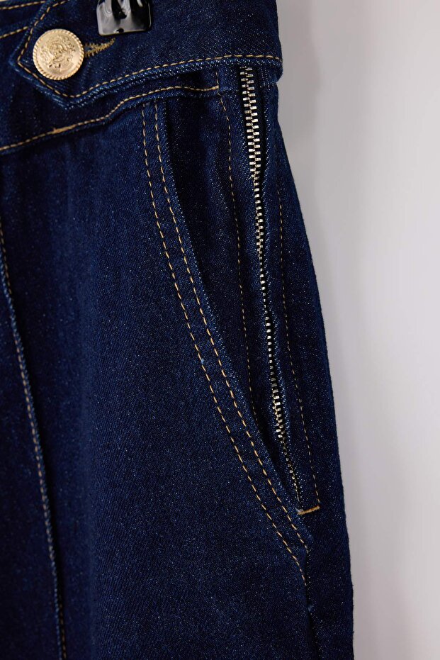 Koyu Mavi Yüksek Bel Düğme Detaylı Comfort/Esnek Wideleg/Geniş Paça Büyük Beden Jeans TBBSS26CJ00008 - 6