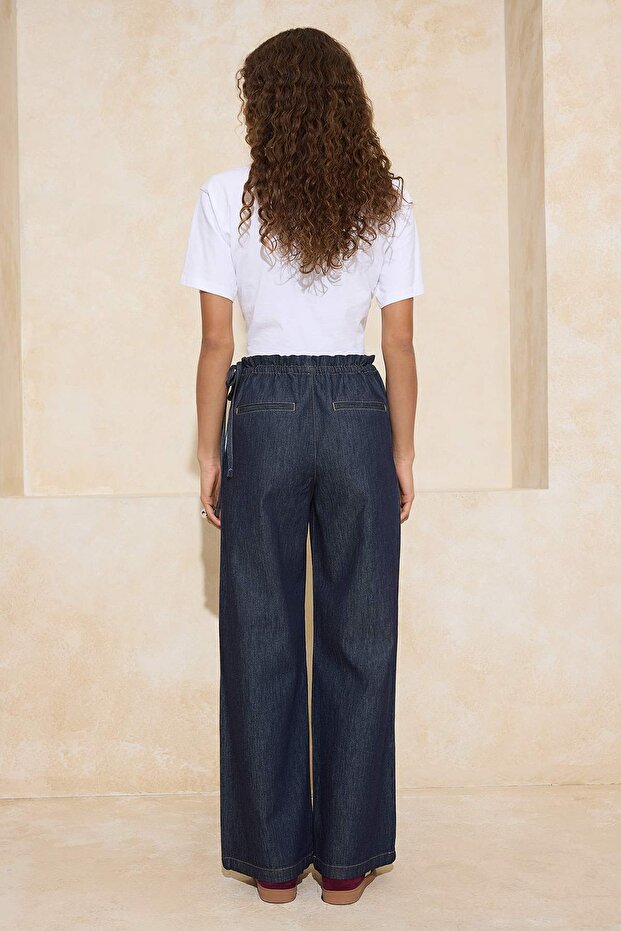 Koyu Mavi DÖKÜMLÜ Bel Detaylı Yüksek Bel %100 Pamuk Wide Leg Jeans TWOSS26JE00060 - 4