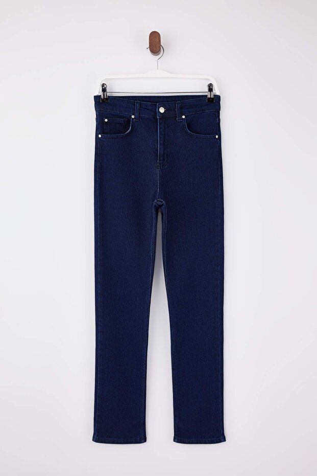Koyu Mavi Yüksek Bel Az Esnek Straight Düz Kesim Slim Jeans TWOSS26JE00102 - 5