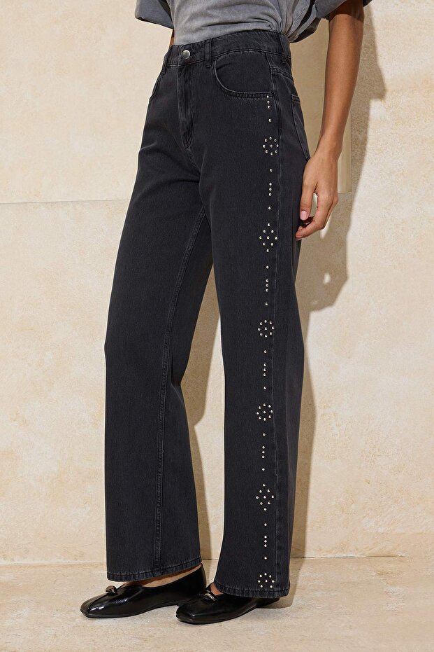 Siyah DÖKÜMLÜ Taş Detaylı Yüksek Bel %100 Pamuk Wide Leg Jeans TWOSS26JE00073 - 4